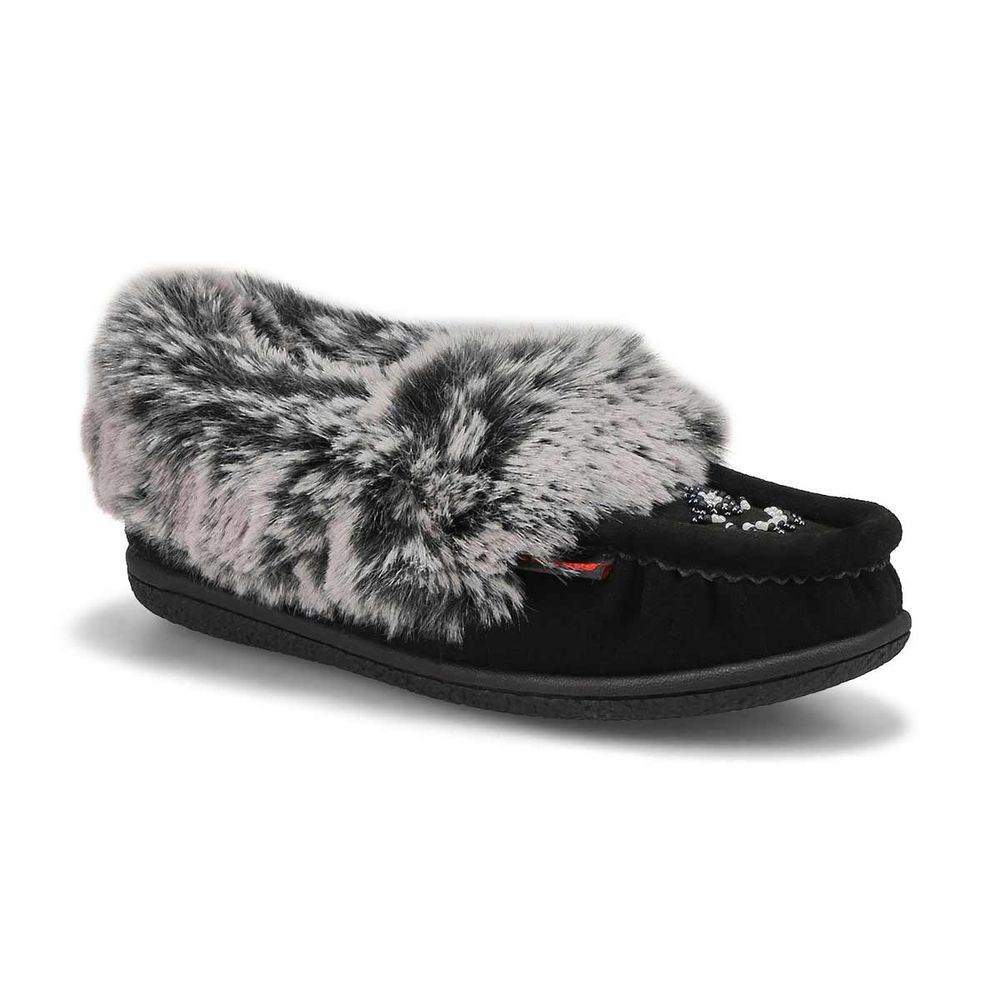 Girls Cute 6 Jr Faux Rabbit Fur SoftMocs -Black