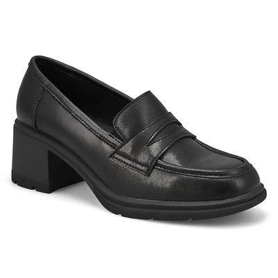 Womens Helena Leather Stacked Heel Penny Loafer - Black