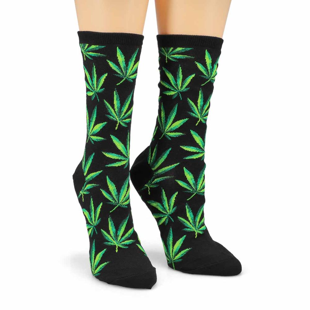 Womens Hemp Leaf black printed socks