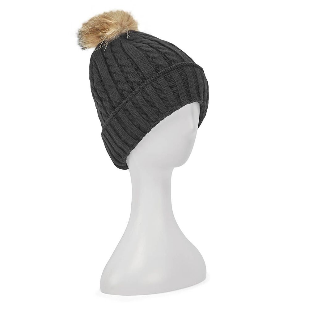 Womens black/fin with pom cable stitch hats