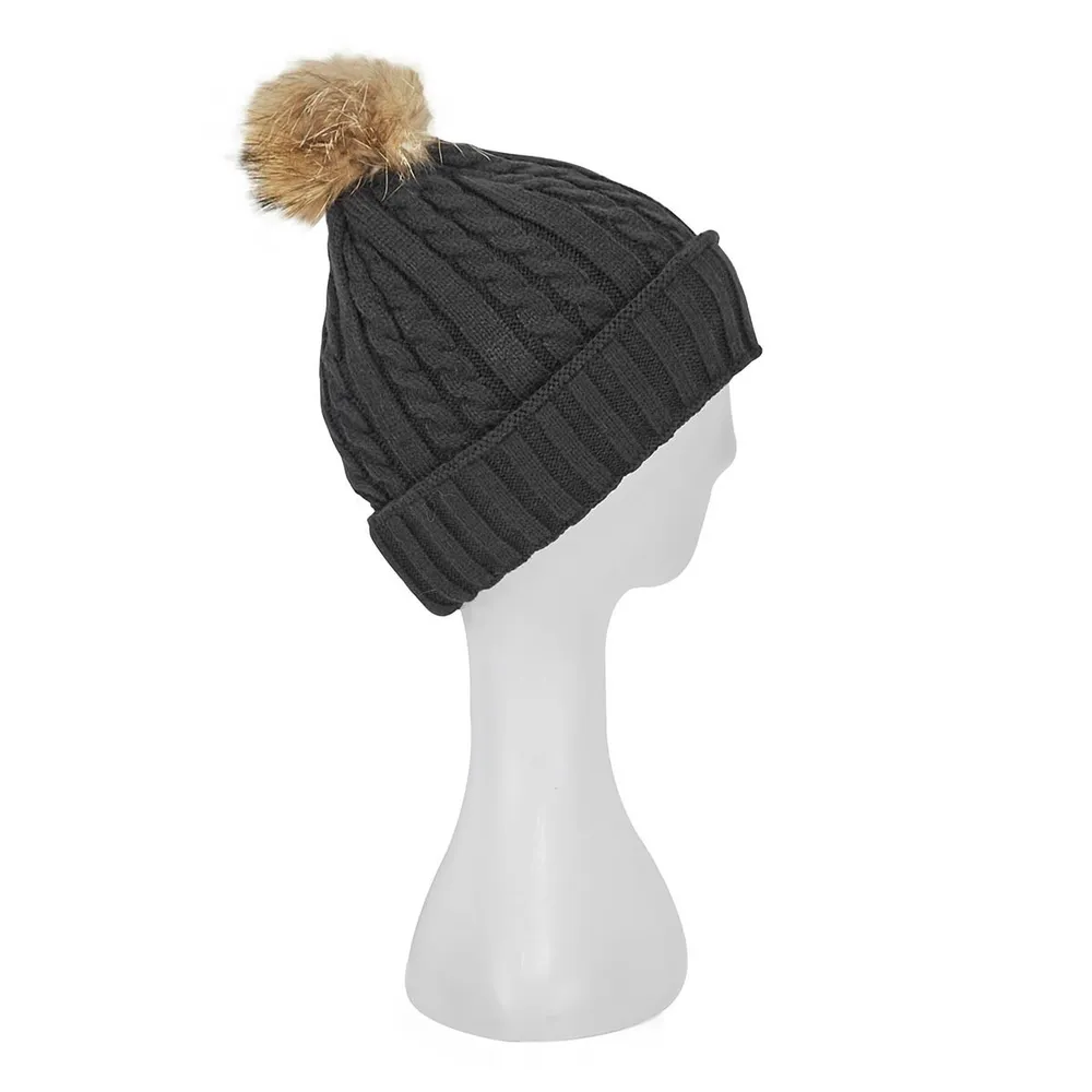 Womens black/fin with pom cable stitch hats