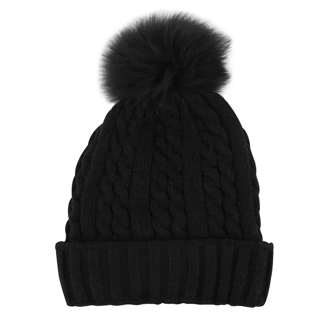 Womens black/black with fur cable stitch hats