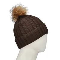 Womens Cable Stitch Hat with Fur Pom- Brown