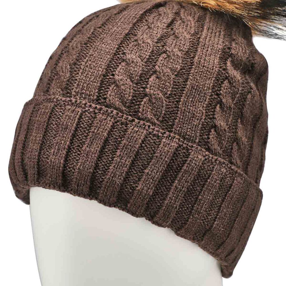 Womens Cable Stitch Hat with Fur Pom- Brown