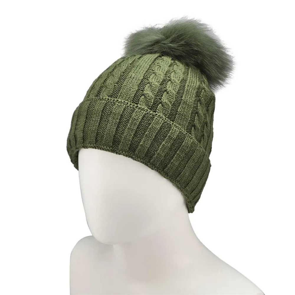 Womens Cable Stitch Hat with Fur Pom - Green