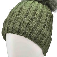 Womens Cable Stitch Hat with Fur Pom - Green