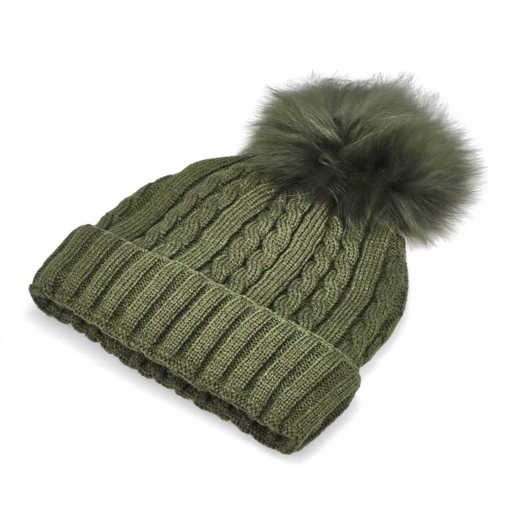 Womens Cable Stitch Hat with Fur Pom - Green