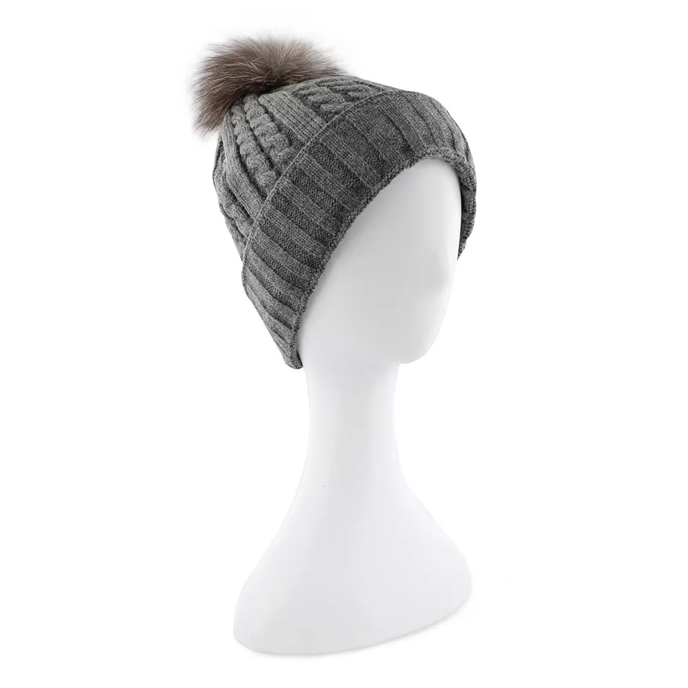 Womens grey with fur pom cable stitch hats