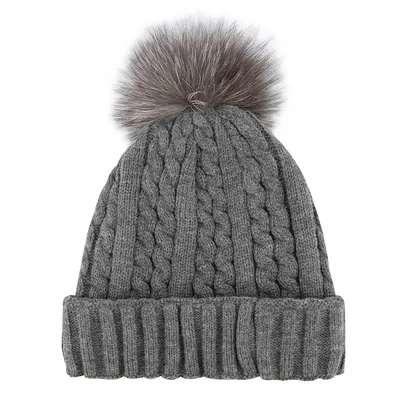 Womens grey with fur pom cable stitch hats