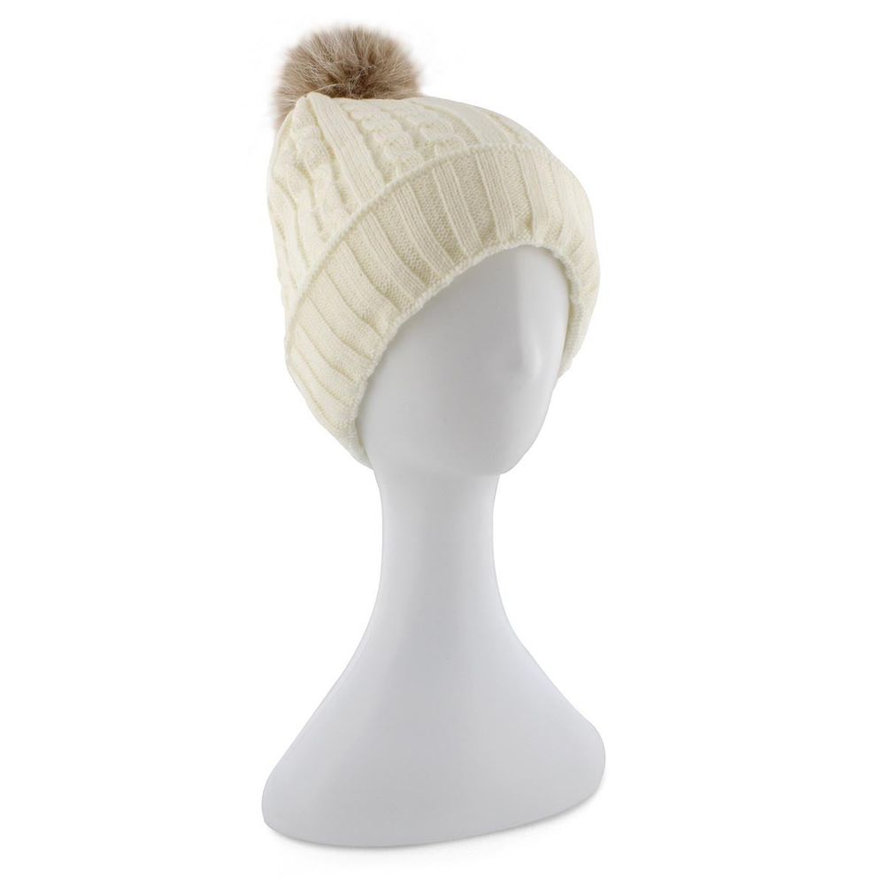 Womens ivory with fur pom pom cable stitch hats