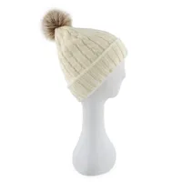 Womens ivory with fur pom pom cable stitch hats