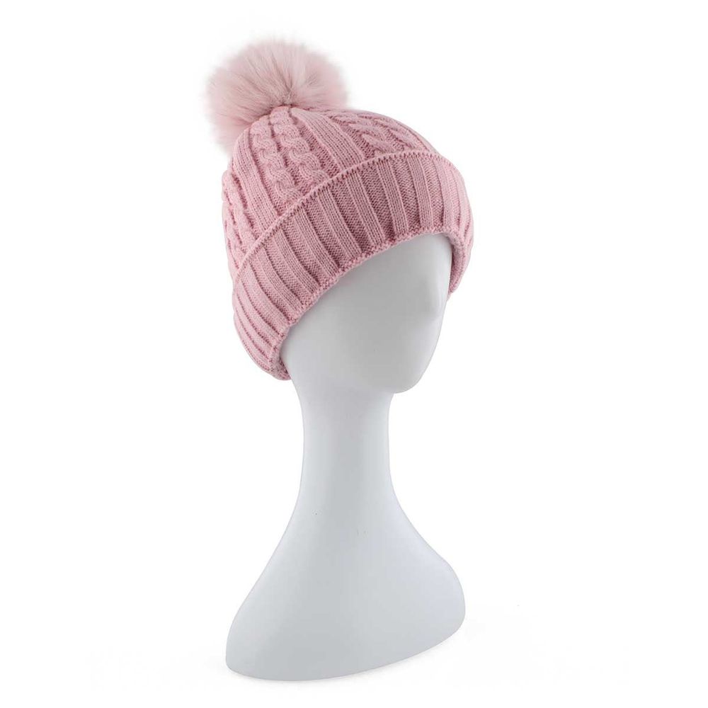 Womens pink with fur pom cable stitch hats