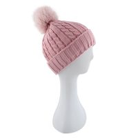 Womens pink with fur pom cable stitch hats