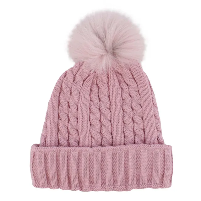 Womens pink with fur pom cable stitch hats