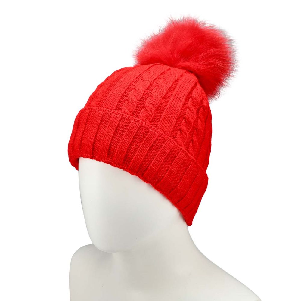 Womens Cable Stitch Hat with Fur Pom - Red