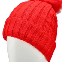 Womens Cable Stitch Hat with Fur Pom - Red