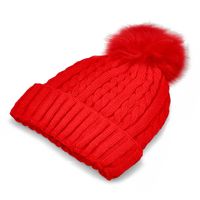 Womens Cable Stitch Hat with Fur Pom - Red