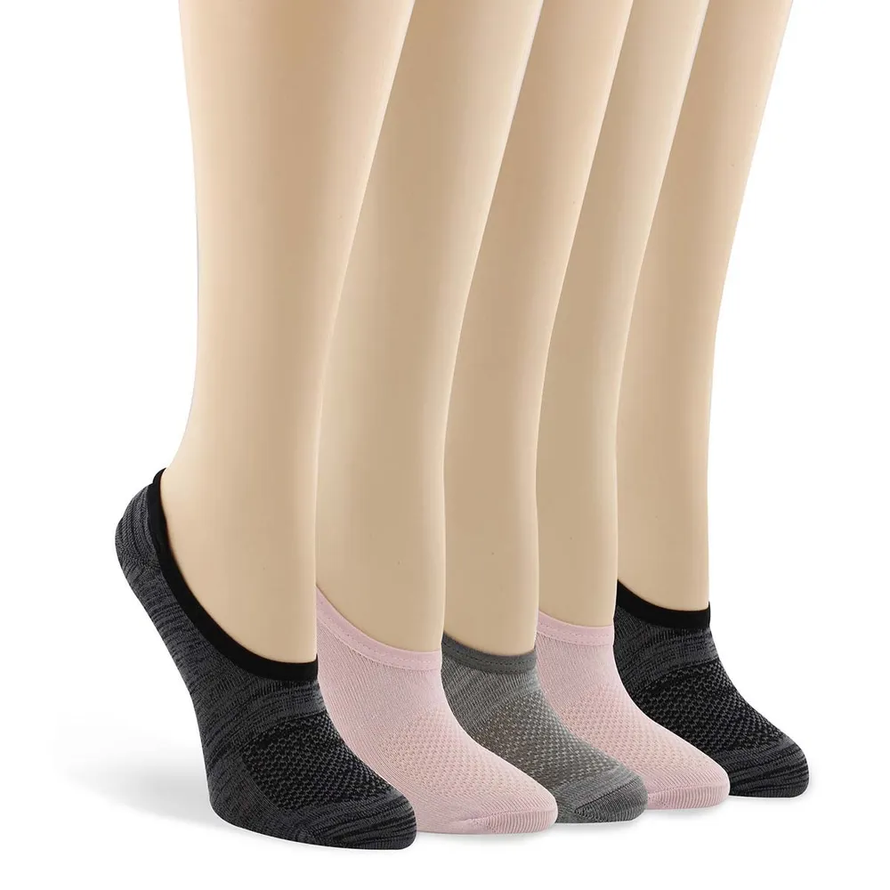 Womens No Show Non Terry Sock 5 Pack - Pink/Grey