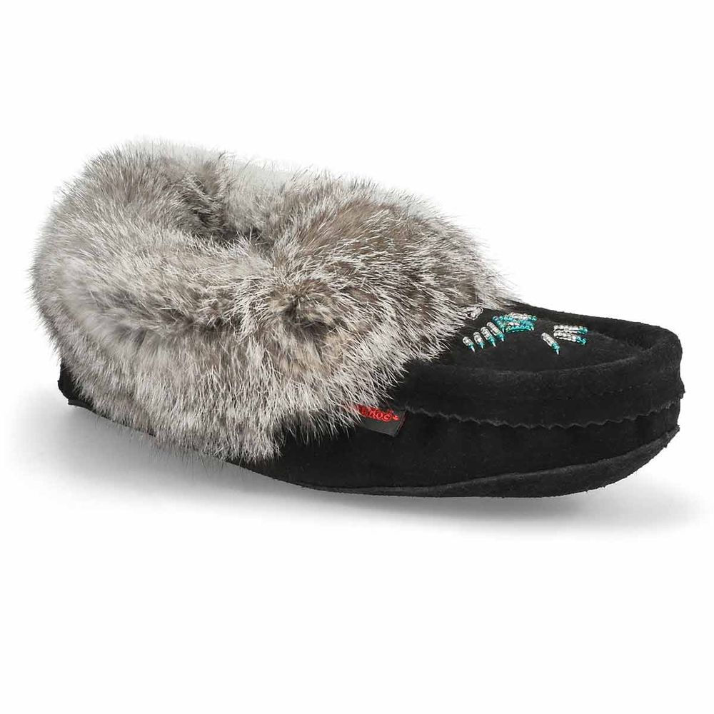 Womens SF600-BL Rabbit Fur SoftMocs - Black/Grey