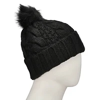 Women's Knit Cable Faux Fur Pom Beanie