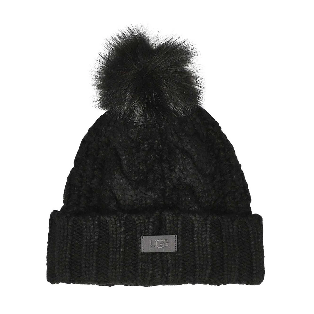Women's Knit Cable Faux Fur Pom Beanie