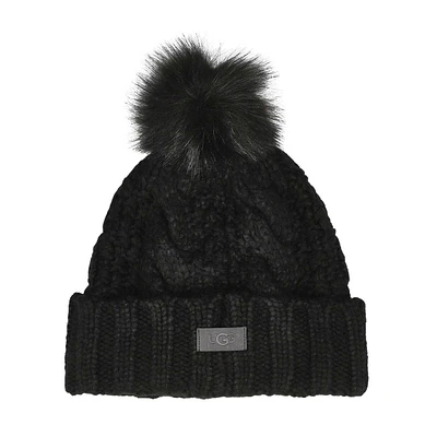 Women's Knit Cable Faux Fur Pom Beanie