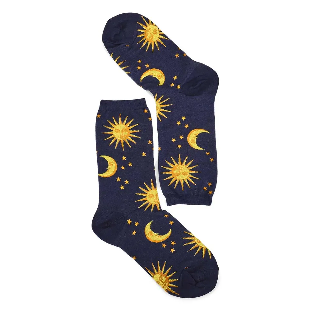 Women's Shiny Sun And Moon Crew Sock - Navy