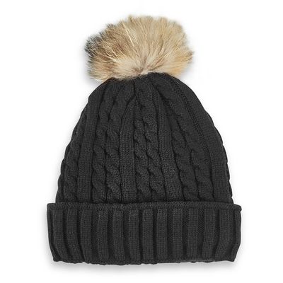 Women's Cable Stitch Hat with Fur Pom