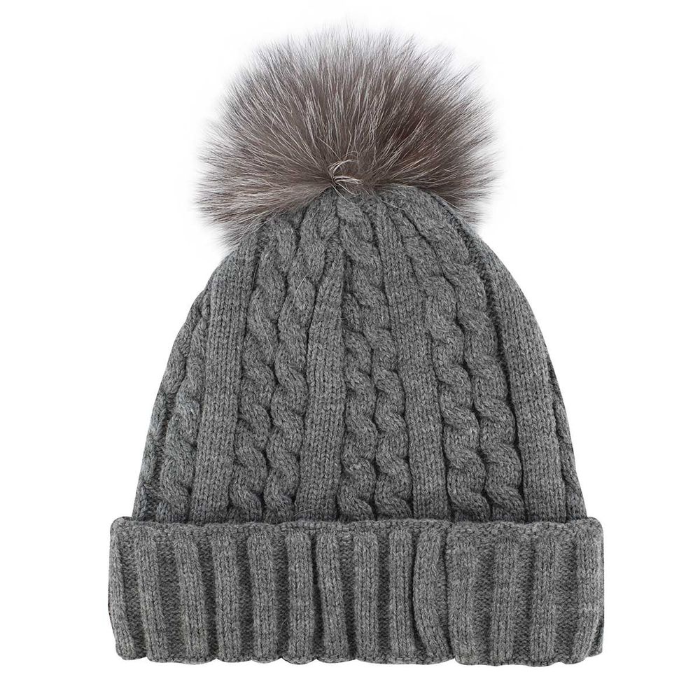 Women's Cable Stitch Hat with Fur Pom
