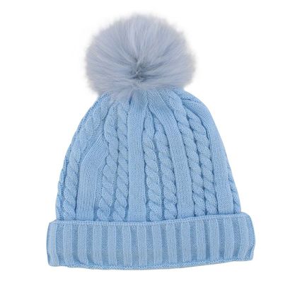 Women's light blue with fur pom cable stitch hats