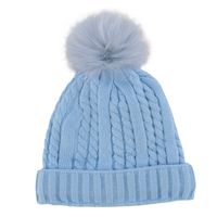 Women's light blue with fur pom cable stitch hats