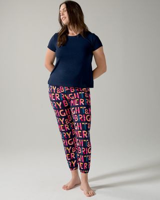 Soma Cool Nights Short Sleeve Banded Bottom Set, Holiday Print, Navy & Pink, size S, Christmas Pajamas
