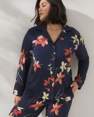 Soma Cool Nights Long Sleeve Notch Collar Pajama Top, Cascade Floral Navy, Size XS