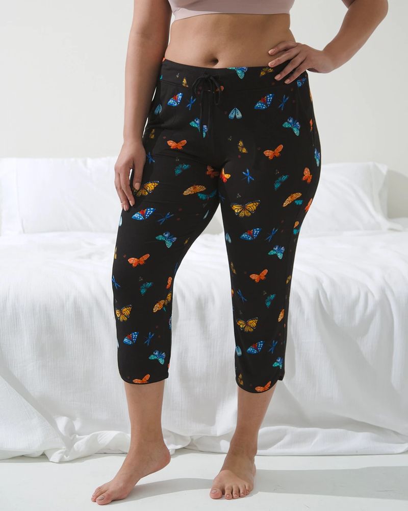 Soma Cool Nights Crop Pajama Pants, BREEZY BUTTERFLY BLACK, Size