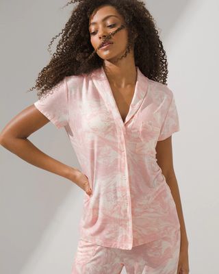 Soma Cool Nights Short Sleeve Notch Collar Pajama Top, MARBLE DREAMS PINK BLUSH, Size S