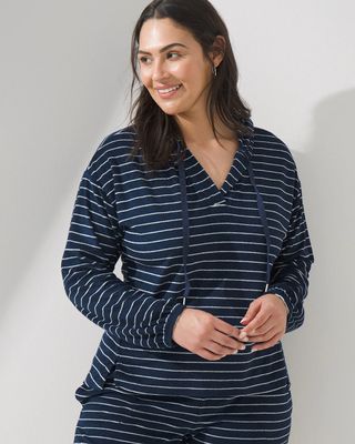 Soma SomaWKND™ Terry Soft V-Neck Hoodie, SLENDER STRIPE NAVY