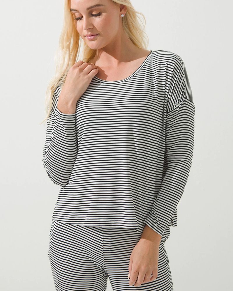 Soma Cool Nights Long Sleeve Pajama Tee, Ribbon Stripe Ivory Black