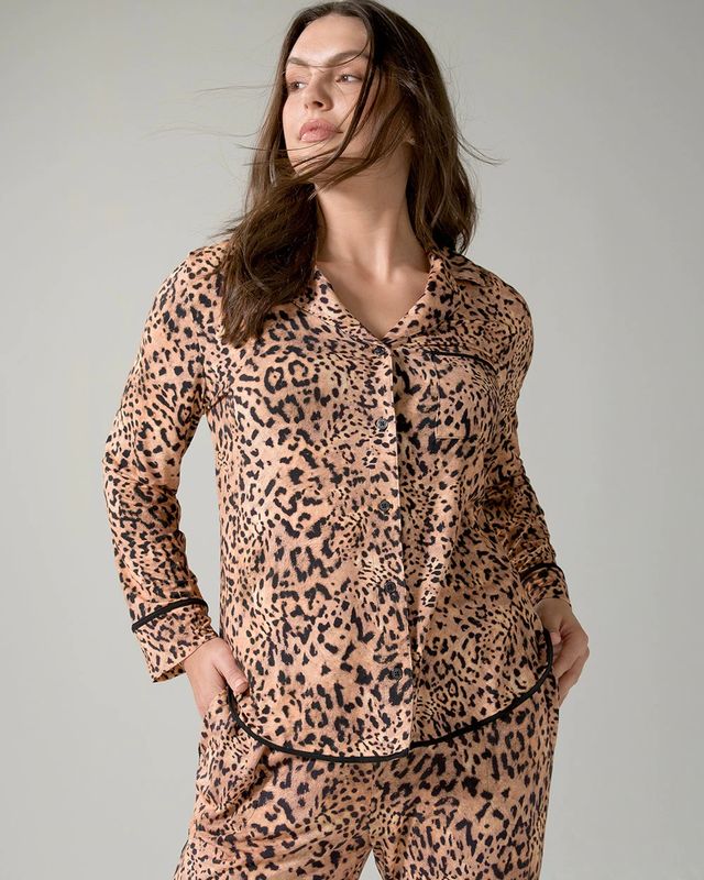 Soma Cool Nights Long Sleeve Pajama Top, On The Prowl Mini Black