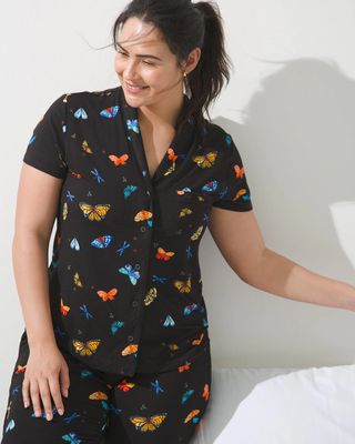 Soma Cool Nights Short Sleeve Notch Collar Pajama Top, BREEZY BUTTERFLY BLACK, Size S