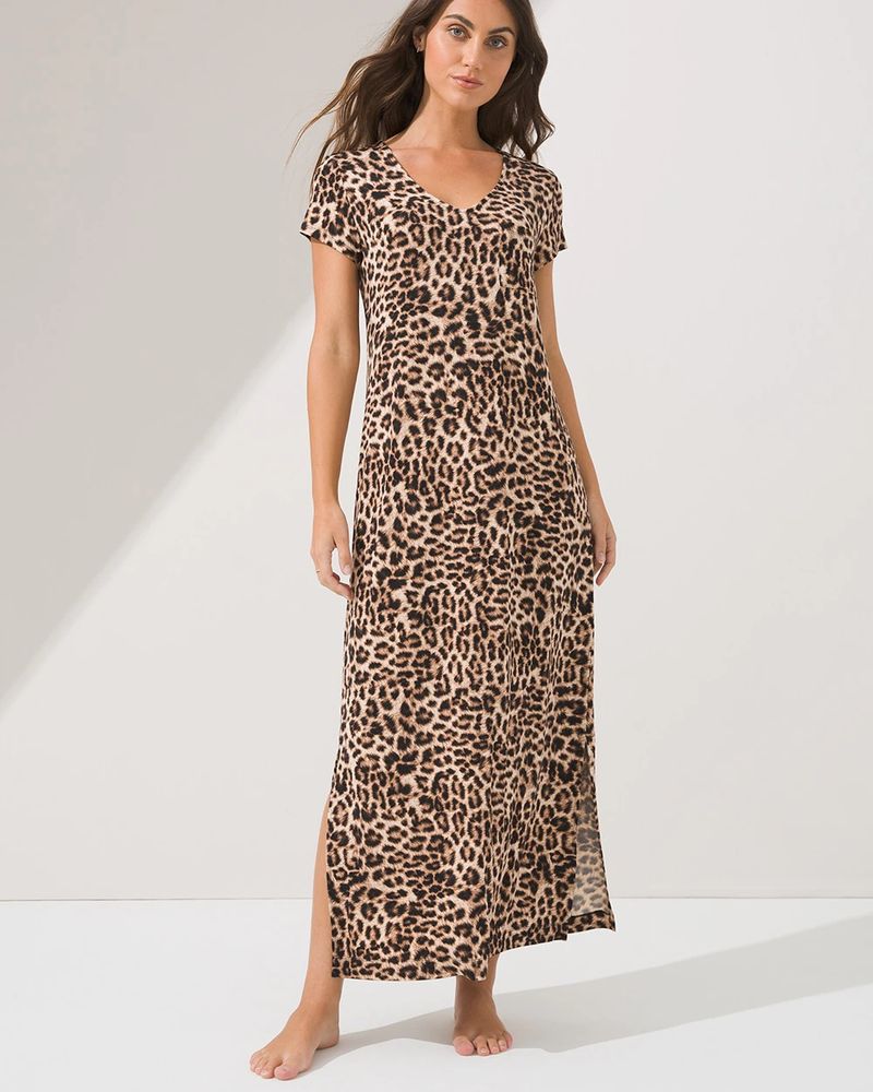 Soma Cool Nights Short Sleeve Long Sleepshirt, Divine Leopard Nude, Size XS