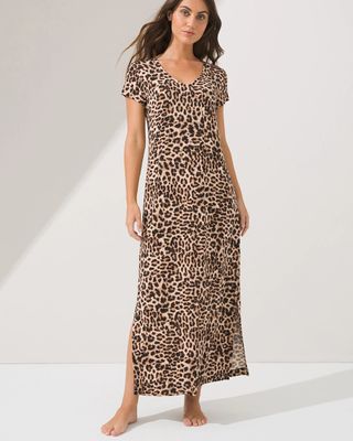 Soma Cool Nights Short Sleeve Long Sleepshirt, Divine Leopard Nude, Size S