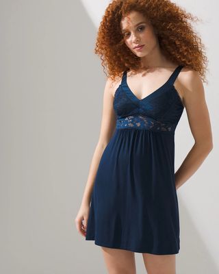 Soma Cool Nights Lace and Satin Chemise Nightgown, Blue, size XXL
