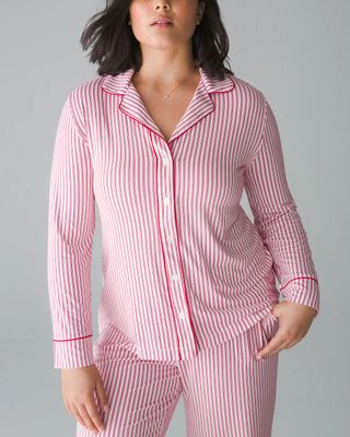 Soma Cool Nights Long Sleeve Notch Collar Pajama Top, DESTIN STRIPE VIVID PINK, Size XS