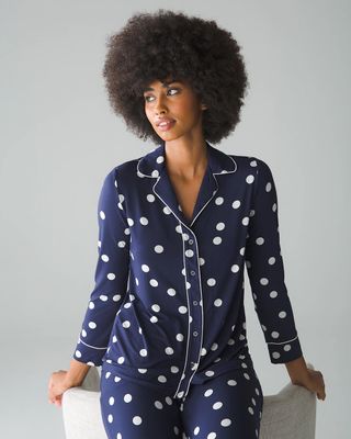 Soma Cool Nights Long Sleeve Notch Collar Pajama Top, WHIMSY DOT NIGHTFALL NAVY, Size S