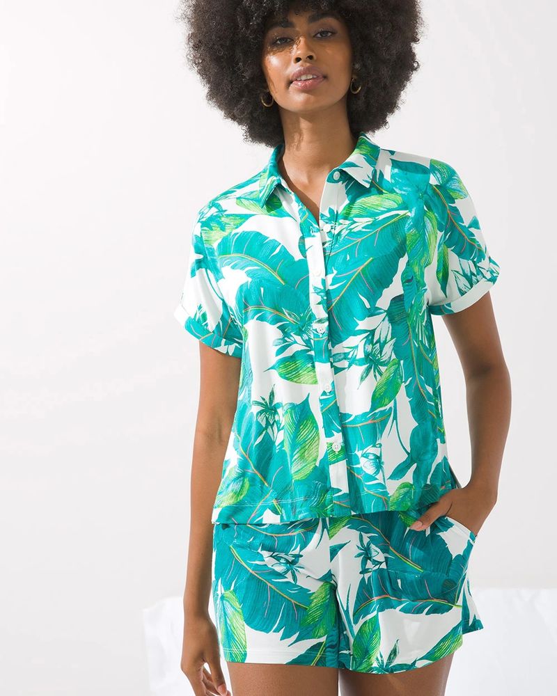 Soma Cool Nights Dolman Sleeve Pajama Top, LUSH LEAVES IVORY, Size XL