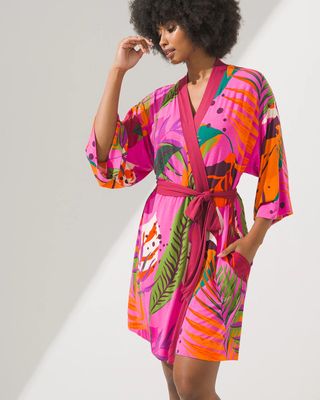 Soma Cool Nights Kimono Short Robe, JUBILANT PALM GRAND PINK, Size S/M