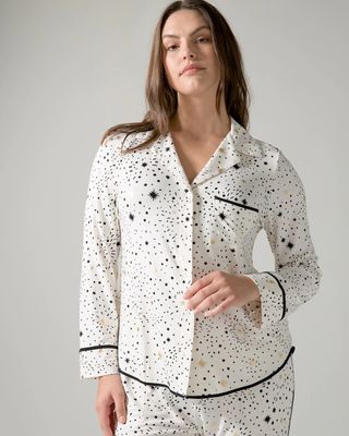 Soma Cool Nights Long Sleeve Pajama Top, Stargazer Grand Med Ivory, size L