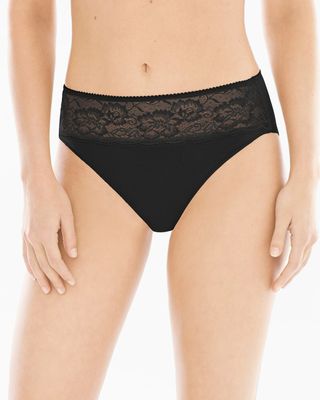 Soma Vanishing Edge Cotton Blend Underwear w/Lace High Leg, Black, size XL