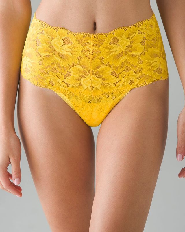 Soma Embraceable Signature All-Over Lace Retro Thong, SUNDANCE YELLOW, Size L