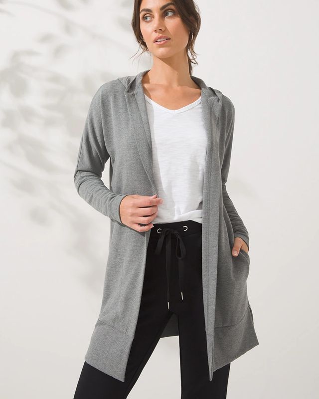 Soma WKND Soft Brushed Terry Hooded Cardigan, Gray